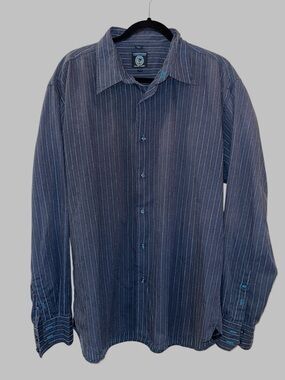 Point Zero Men’s Black Label Blue Striped Dress Shirt Button Up Size: XL